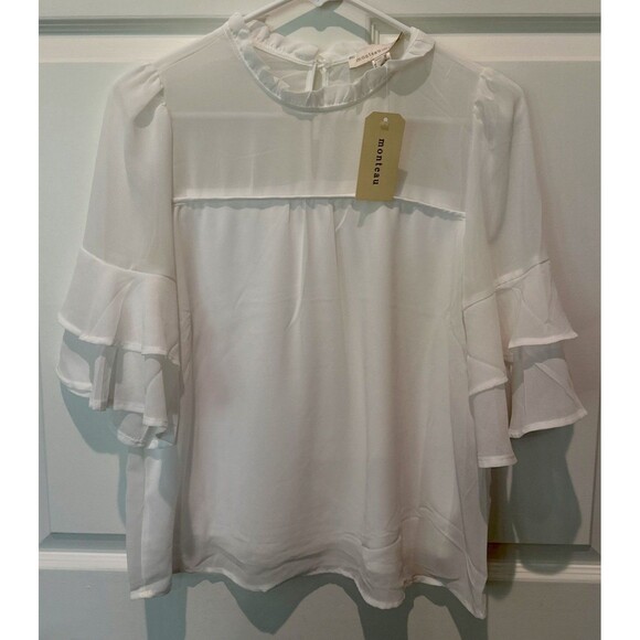 Monteau Los Angeles White 3/4 Sleeve Ruffle Blouse Keyhole Neckline Size Small - Picture 1 of 6